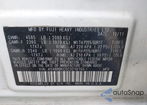 2012 Subaru Outback 2.5I Limited from USA, damaged, VIN 4S4BRBKC5C3216166